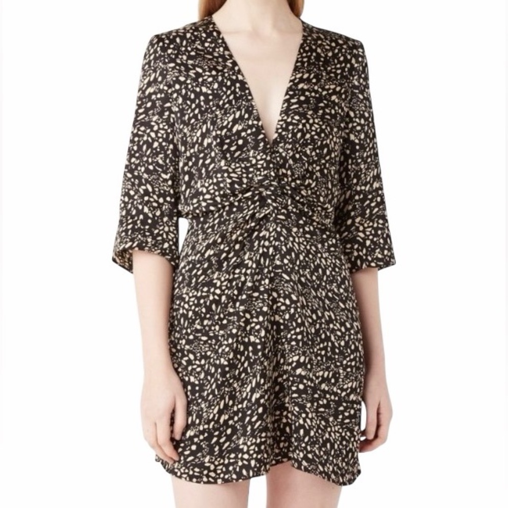 Ba&Sh Erika Satin Abstract Elbow Sleeve V-Neck Twisted Waist Mini Dress